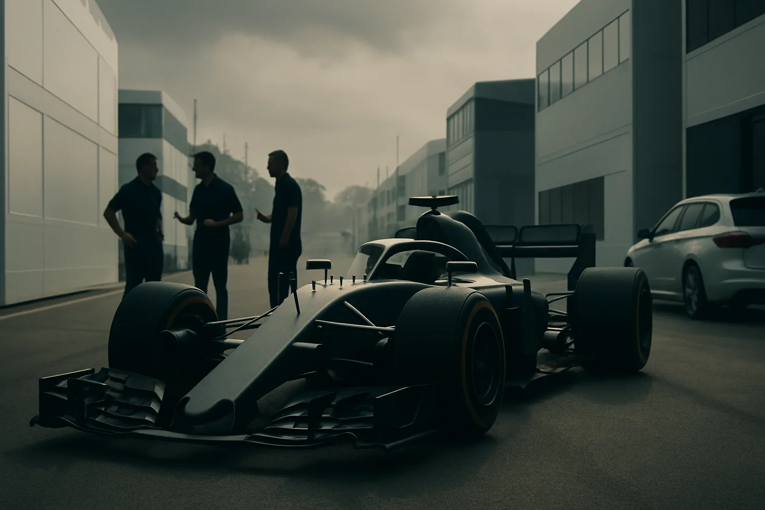 A sleek black Formula One car in the foreground with three silhouetted figures talking in a sunlit paddock area