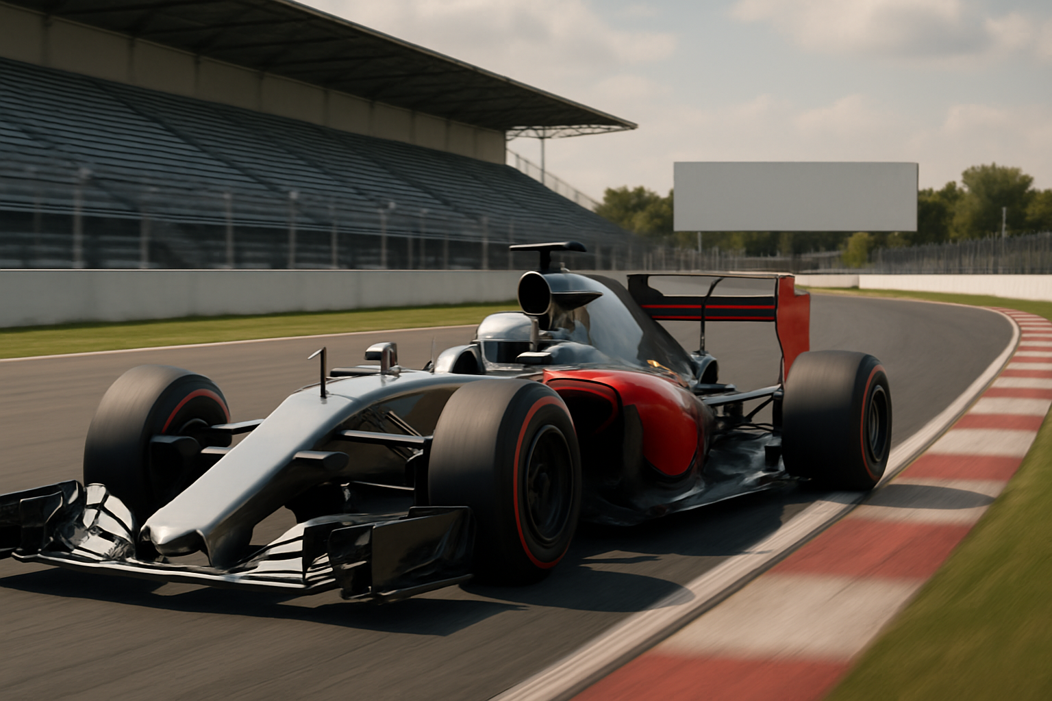 Single-seater race car with silver, black, and red livery on a track near empty grandstands under a partly cloudy sky