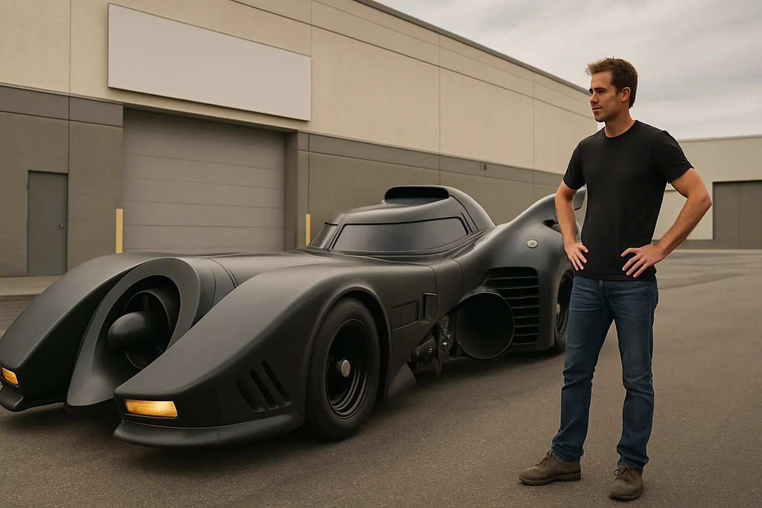 Matte black, futuristic car with dramatic curves and vents beside a man in dark jeans and T-shirt on an empty lot