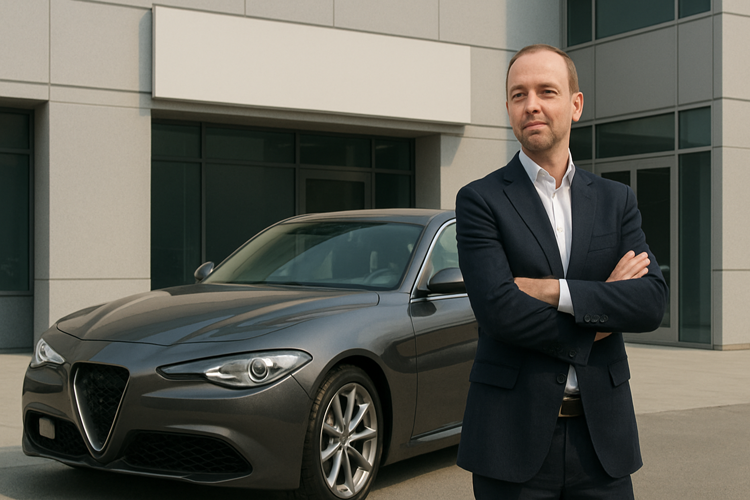 A man in a dark suit stands with arms crossed in front of a grey sedan outside a modern glass and concrete building