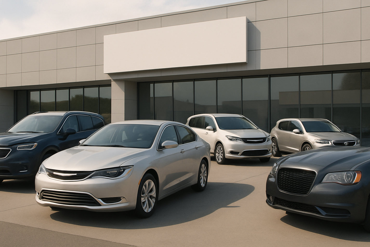 Four silver and grey sedans and minivans parked on clean pavement in front of a modern, sunlit glass-walled building