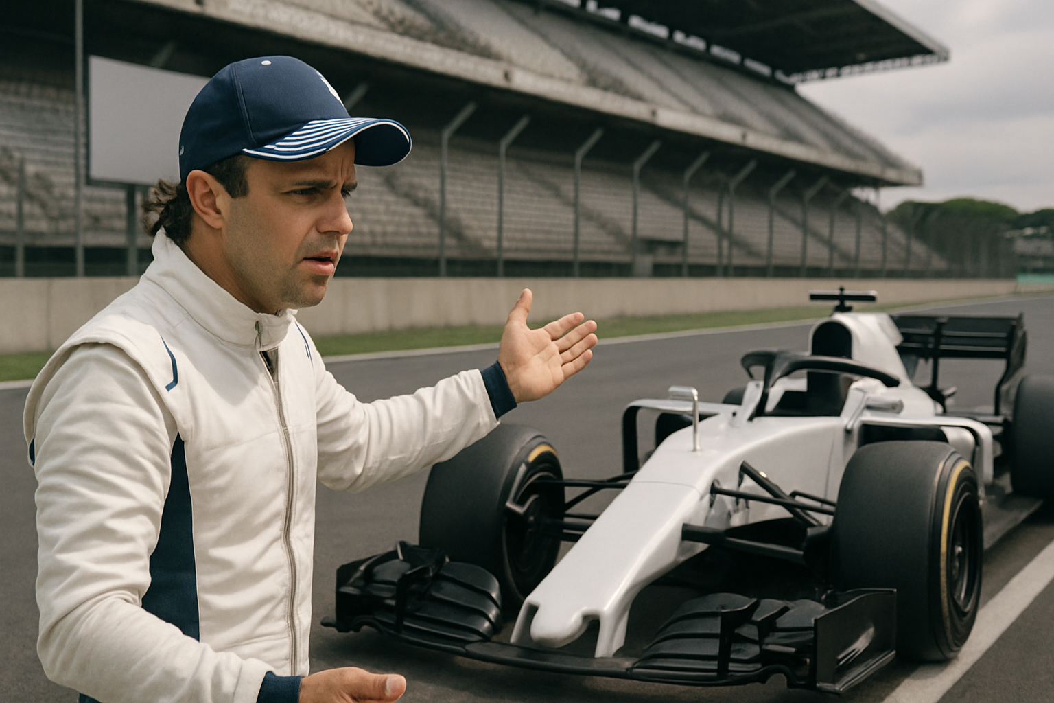 Man in a white racing suit and blue cap gestures with both hands beside a white formula car on an empty racetrack