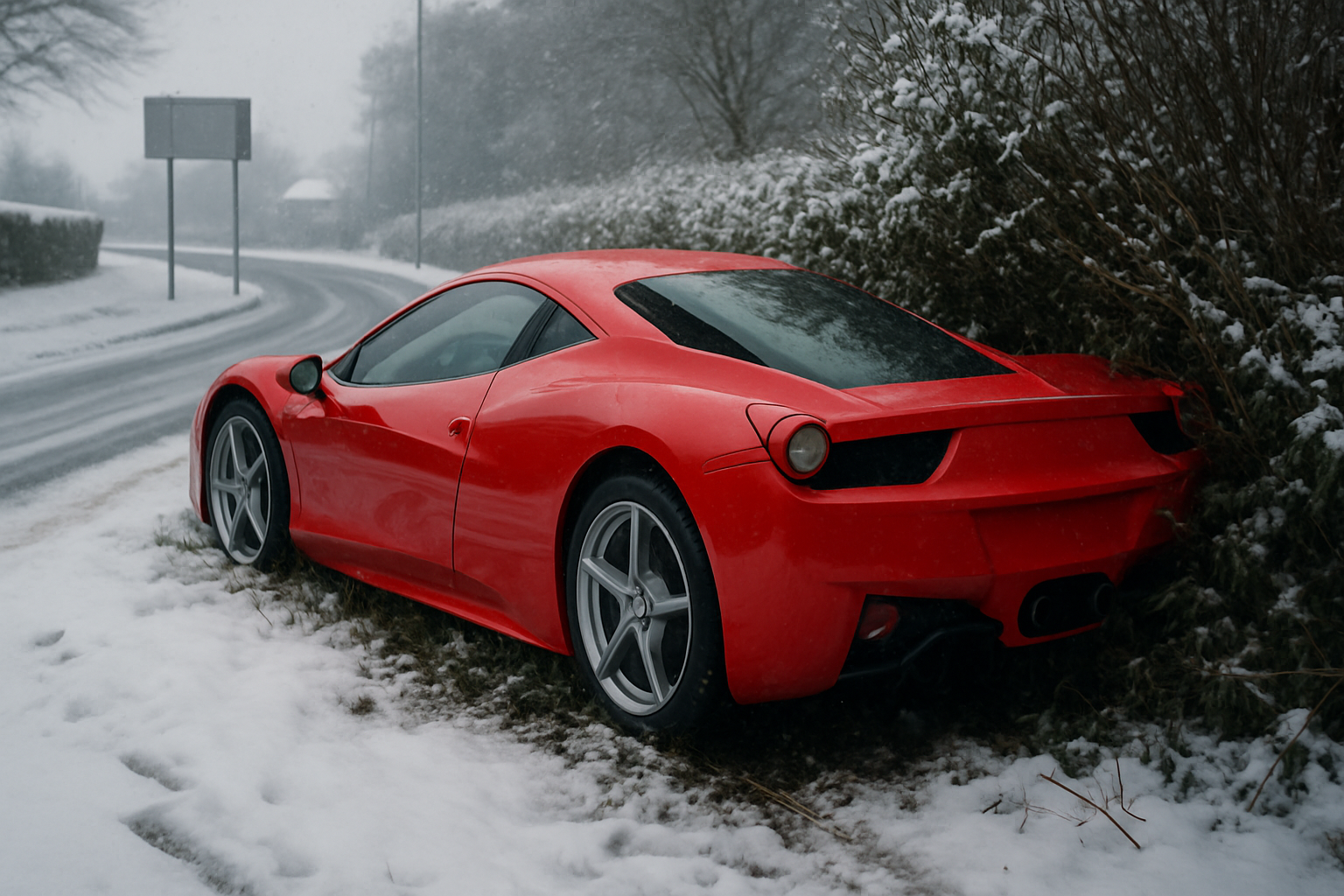 Bright red sports car sits partially off a snowy rural road, with rear wheels in a hedge and overcast light all around