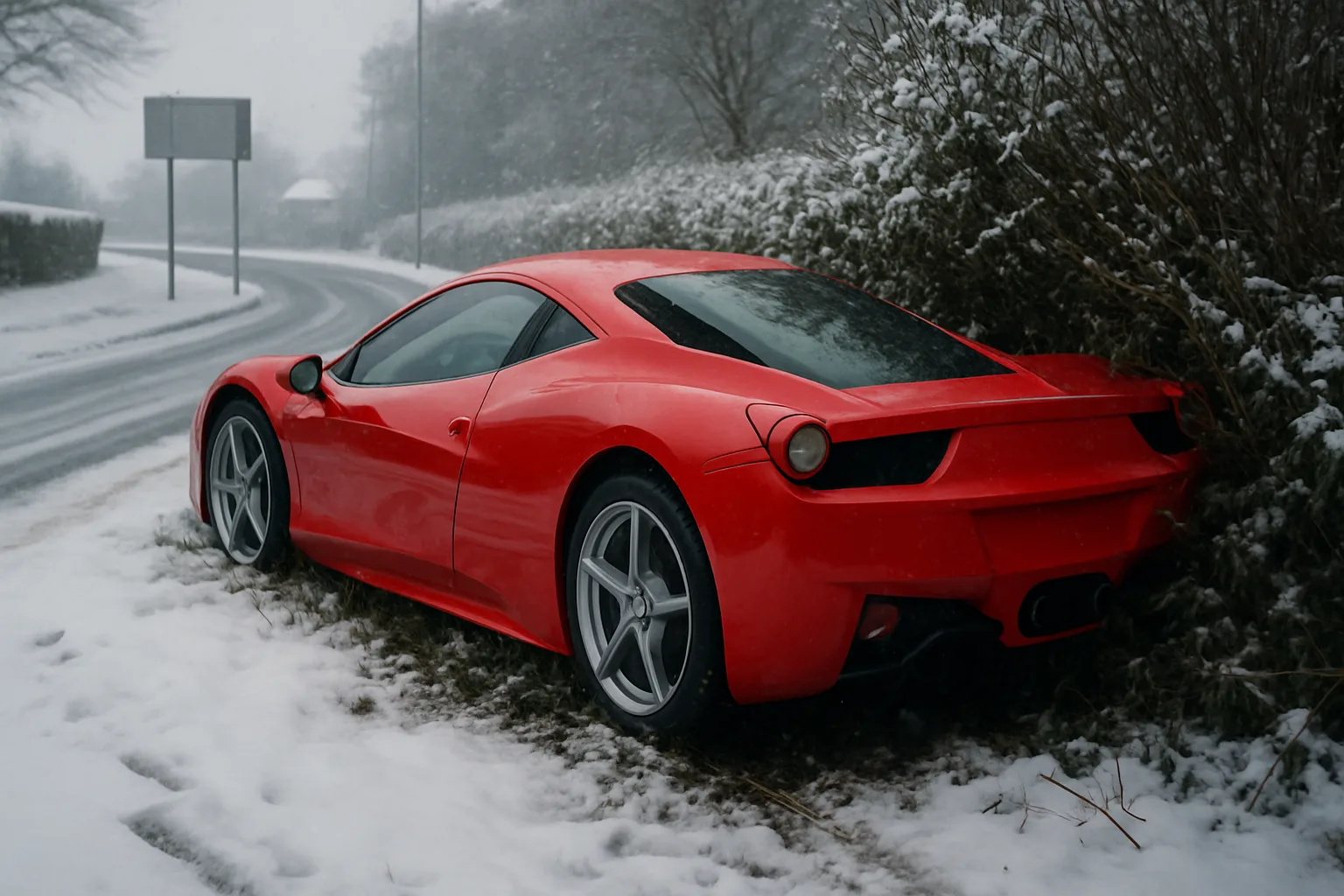 Bright red sports car sits partially off a snowy rural road, with rear wheels in a hedge and overcast light all around