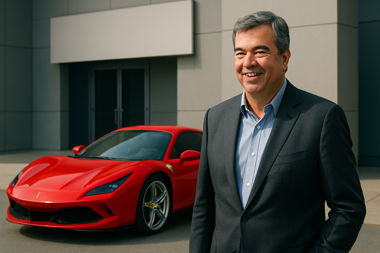 Smiling man in a dark suit stands outdoors on concrete beside a sleek red sports car with silver wheels and yellow accents