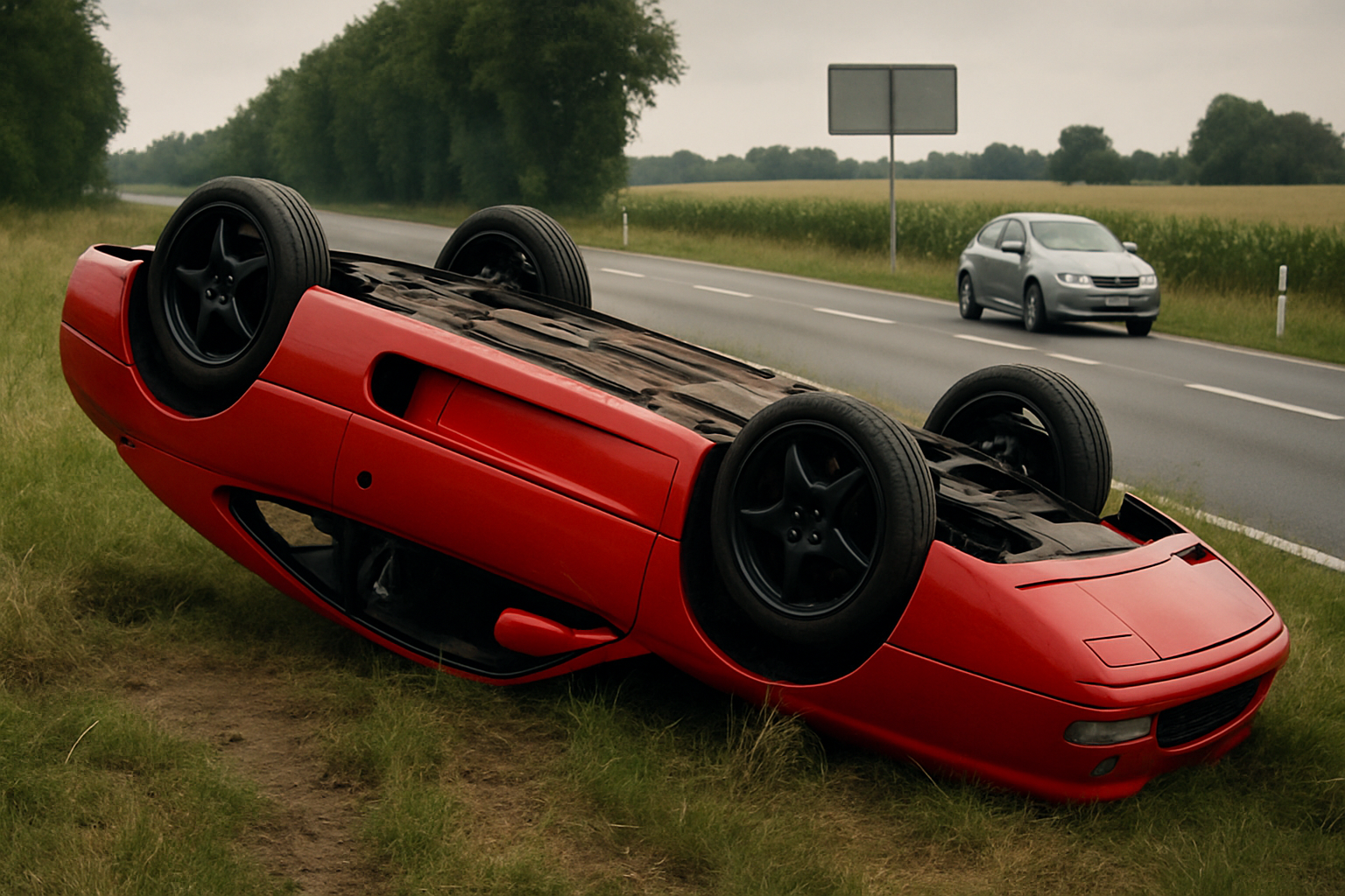 A red sports car lies upside down on grass beside a rural road under an overcast sky, with another car in the background
