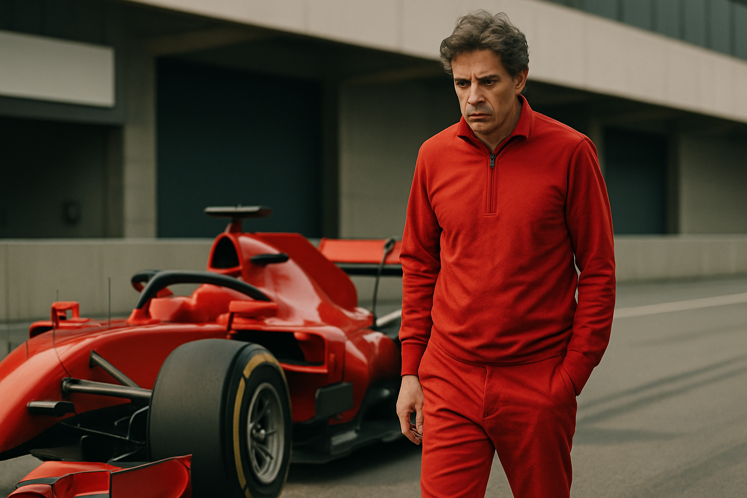 Man in a red tracksuit walks past a sleek red race car on a grey concrete pit lane under soft, diffused daylight