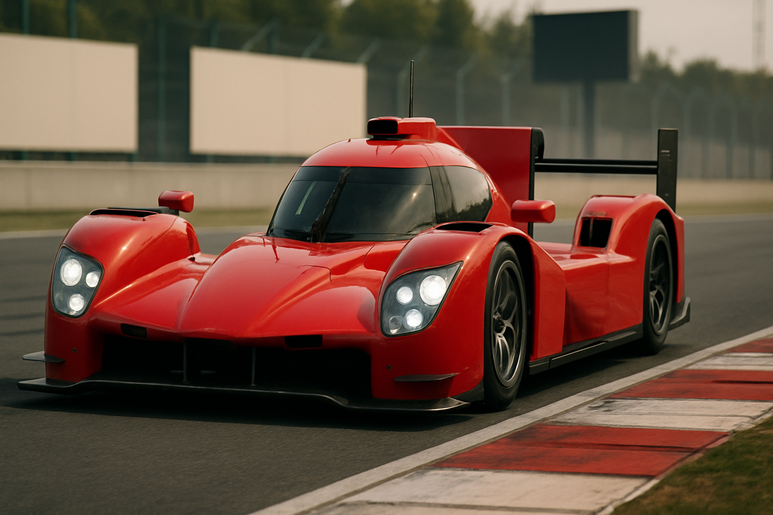 Low-slung red racing car with angular bodywork and large rear wing on a racetrack under soft daylight