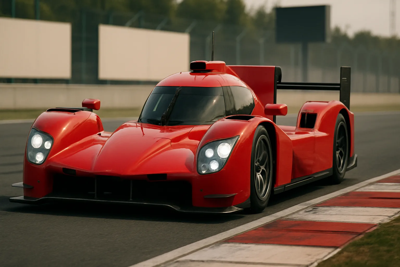 Low-slung red racing car with angular bodywork and large rear wing on a racetrack under soft daylight
