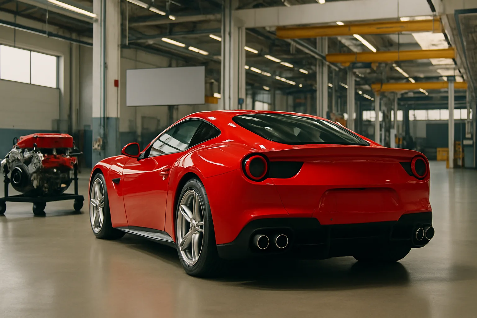 Sleek red sports car with silver rims parked in a spacious, sunlit industrial garage next to an exposed car engine