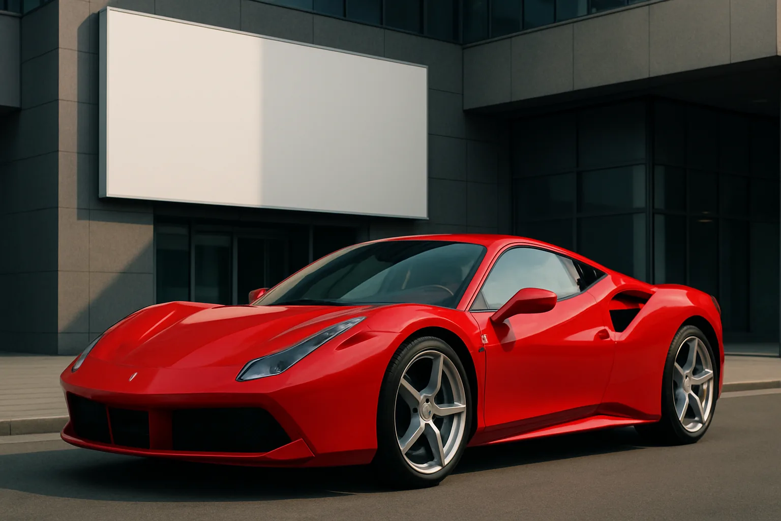 Sleek red sports car with smooth curves and silver wheels parked in front of a modern grey building with large windows