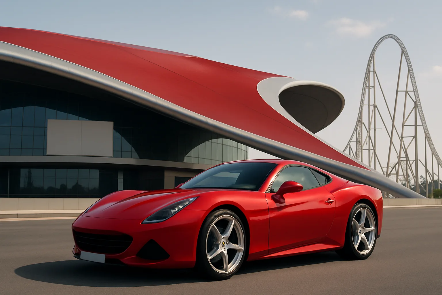 Sleek red sports car gleaming in sunlight before a futuristic building with an undulating red roof and looping roller coaster