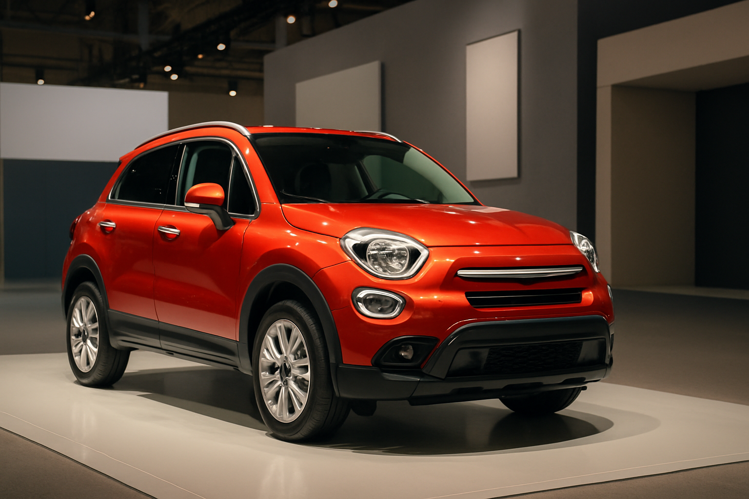 A shiny red compact crossover car stands on a softly lit platform in a modern indoor showroom with neutral-toned walls
