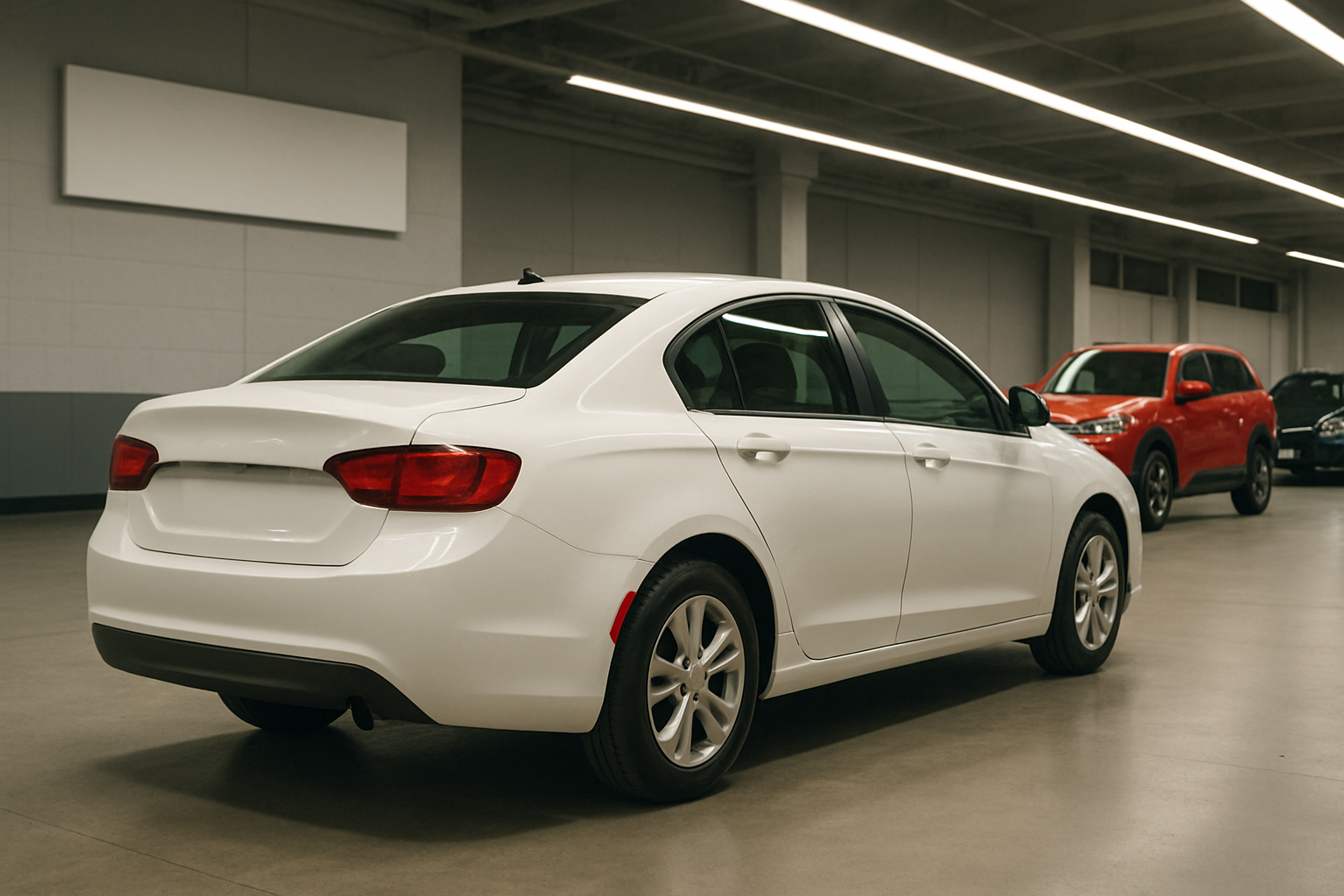 White sedan and red SUV parked indoors under bright fluorescent lighting, with gray walls and polished concrete floor