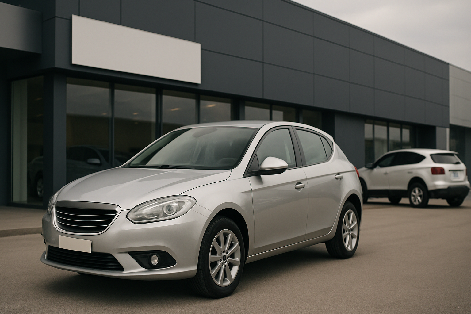 A silver hatchback parked on a paved driveway outside a modern building, with another car in the background