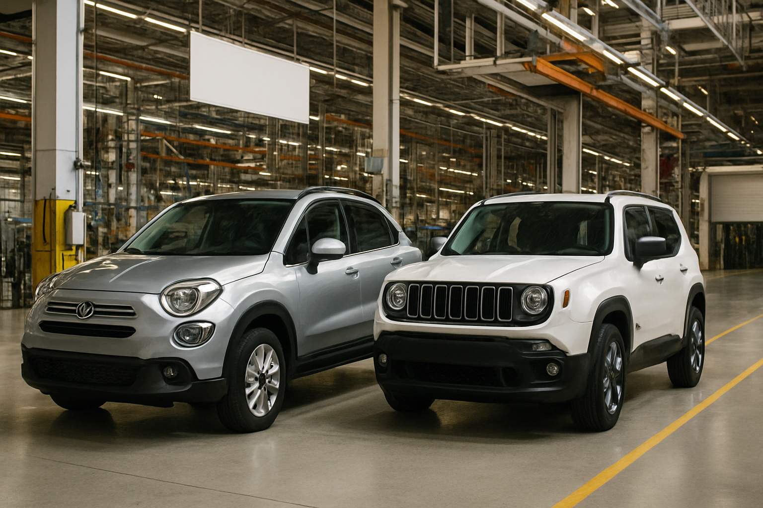 Two small SUVs, one silver and one white, parked side by side inside a spacious, well-lit industrial factory with glass walls