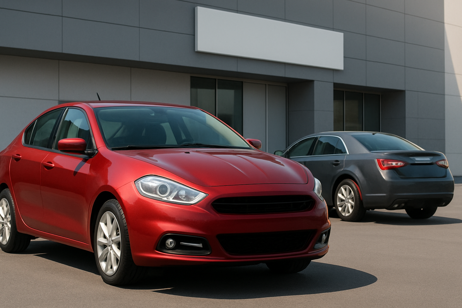 Two generic sedans, one bright red and one dark gray, parked on a sunlit concrete lot beside a modern gray building