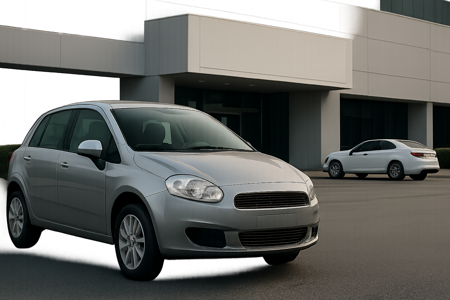 A silver hatchback and a white sedan parked on an expansive concrete surface in front of a modern glass building
