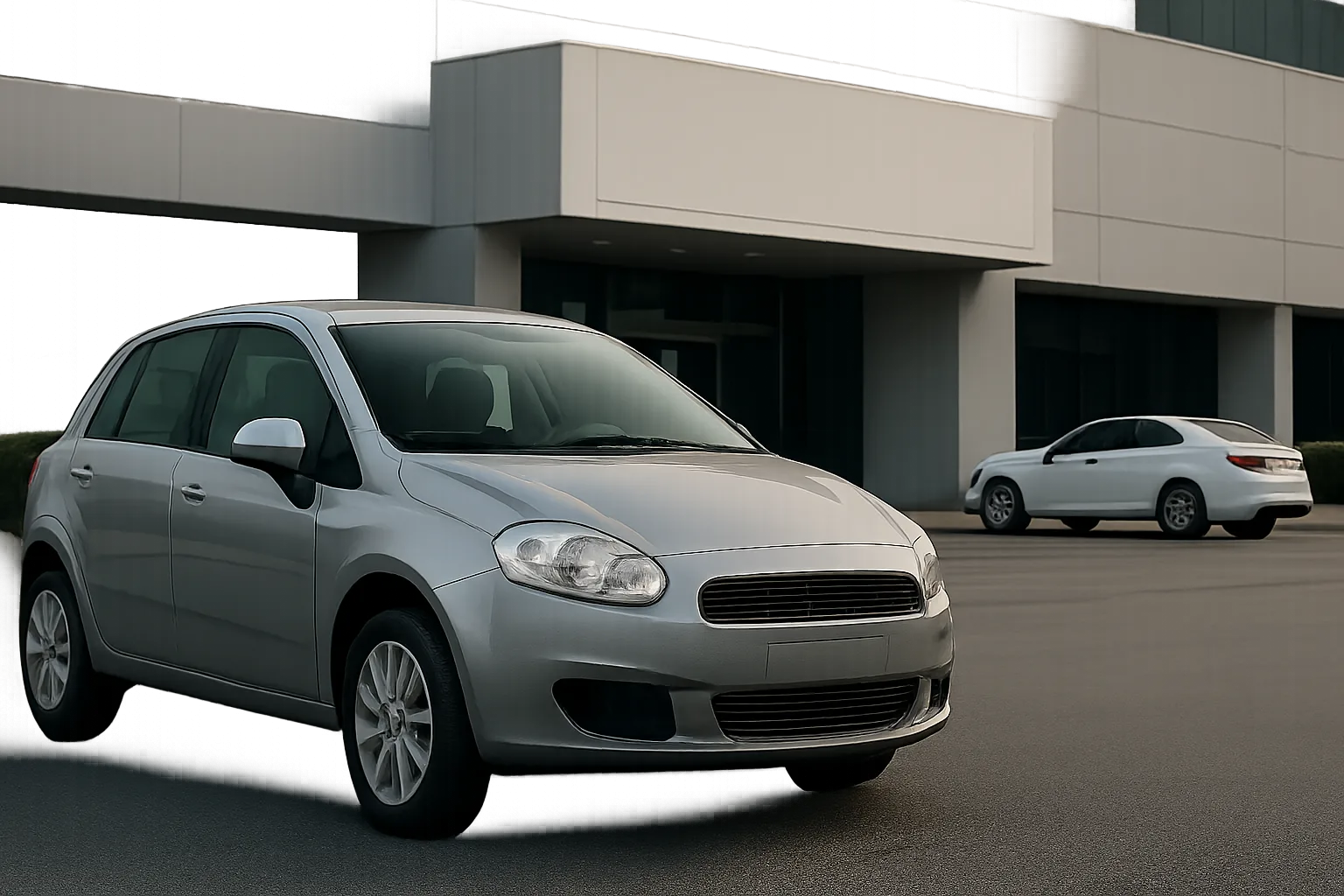 A silver hatchback and a white sedan parked on an expansive concrete surface in front of a modern glass building