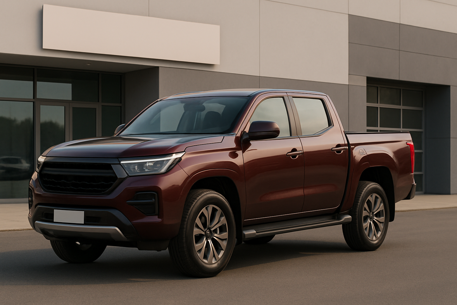 Glossy burgundy pickup truck with black accents parked on a smooth road outside a modern grey and white building