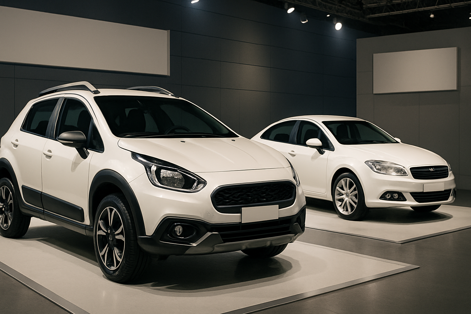 Two white concept cars with dark trim displayed on raised platforms under bright indoor lighting in a modern showroom