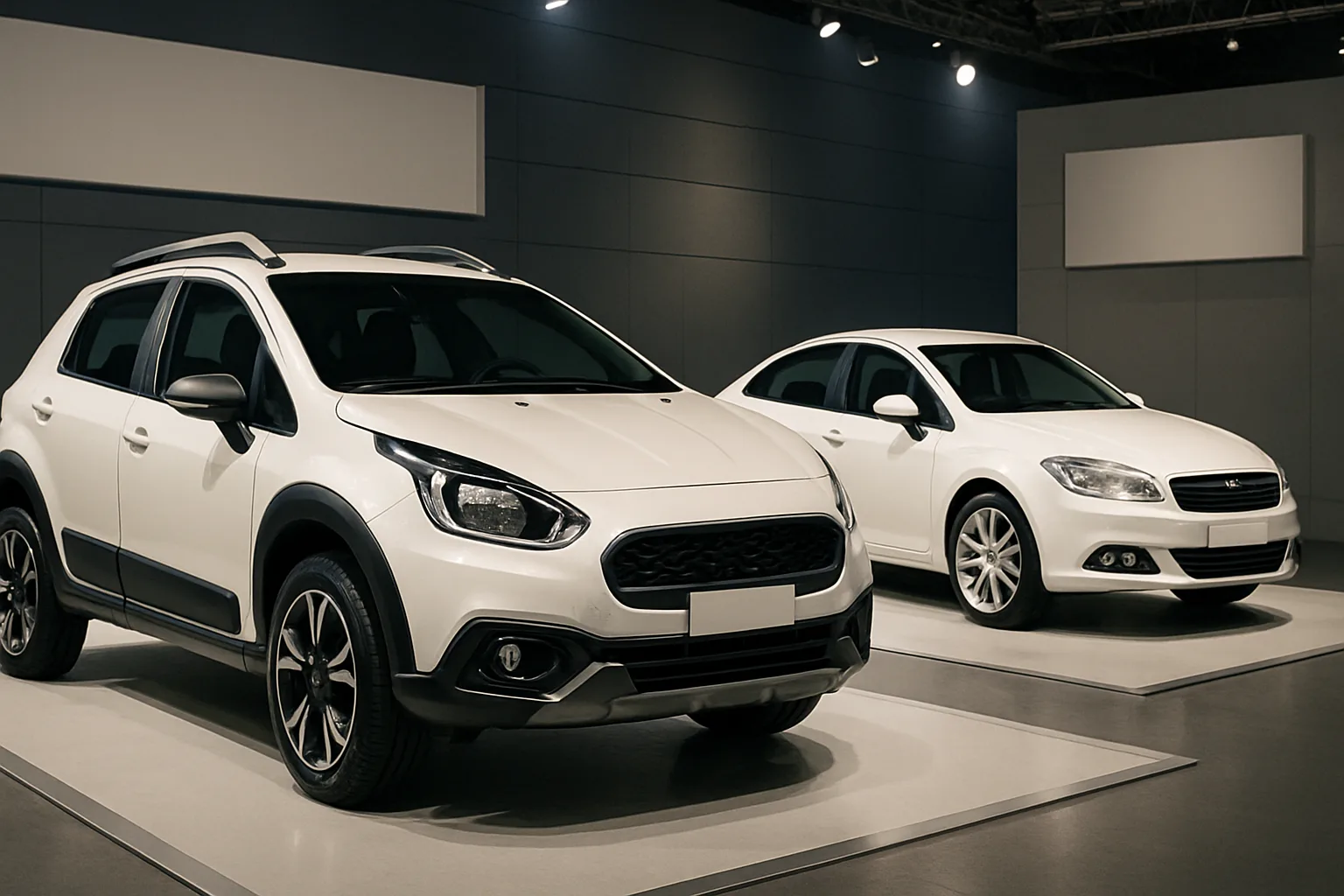 Two white concept cars with dark trim displayed on raised platforms under bright indoor lighting in a modern showroom