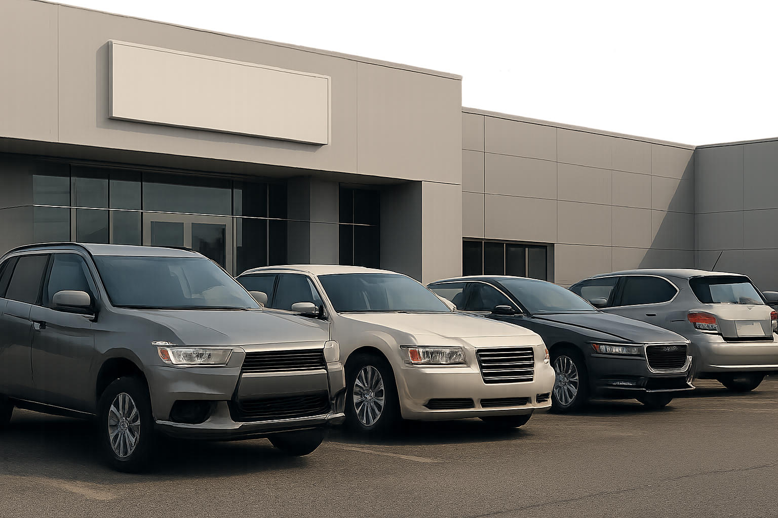 Four generic, unbranded cars in muted tones are parked outside a modern, grey commercial building under overcast skies