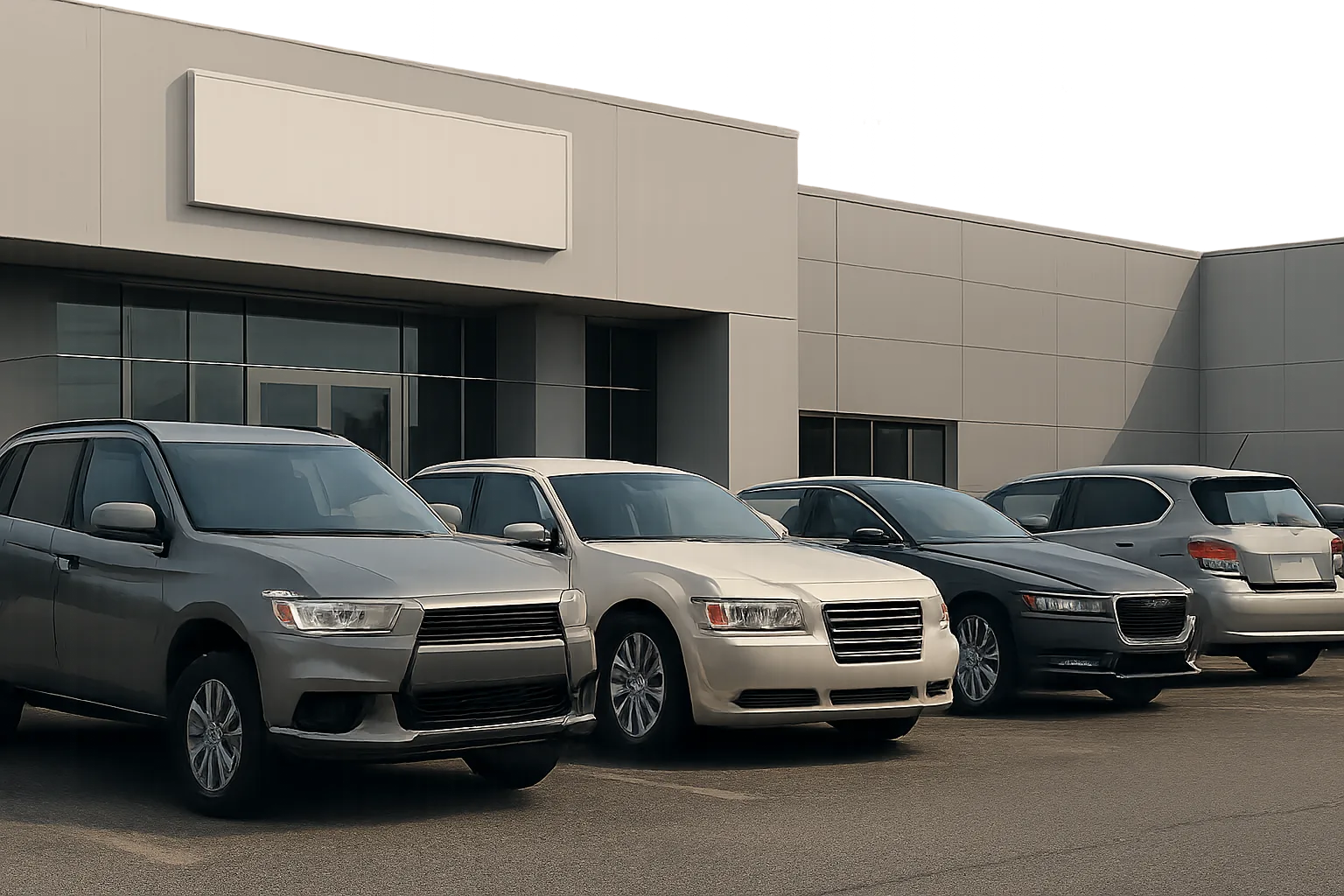 Four generic, unbranded cars in muted tones are parked outside a modern, grey commercial building under overcast skies
