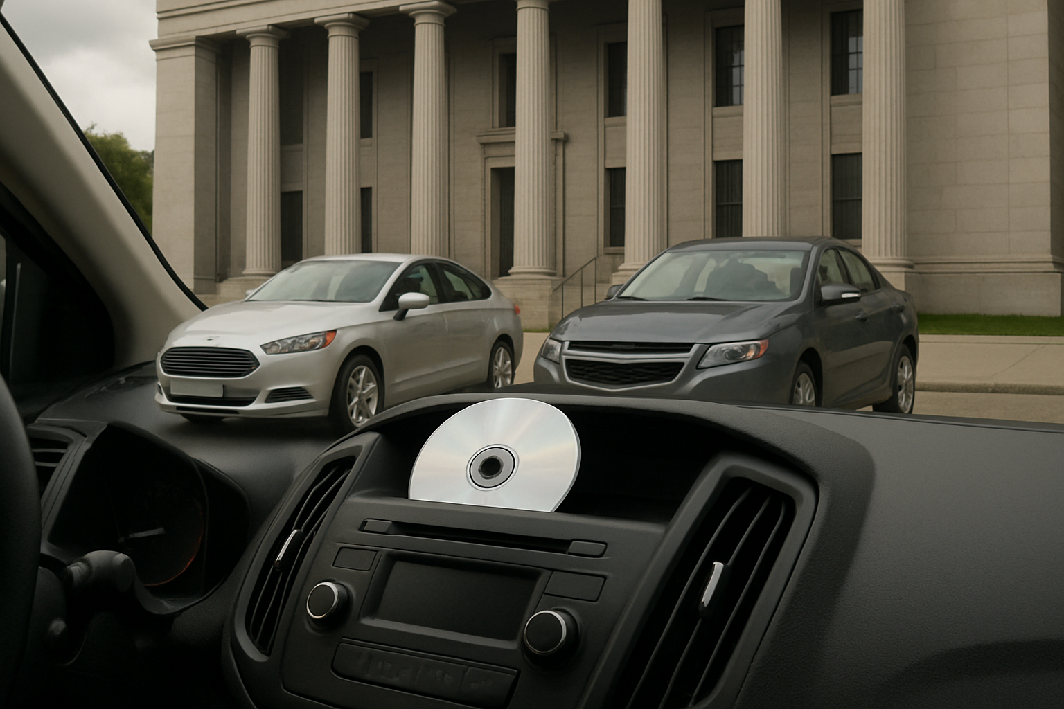 A CD rests in a black car dashboard’s audio system with two silver sedans parked before a neoclassical building outside