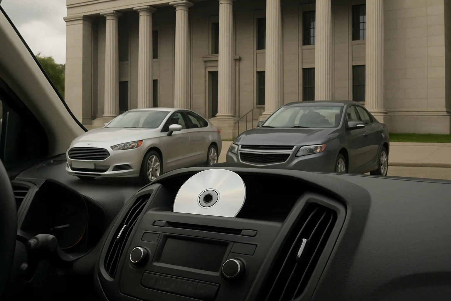 A CD rests in a black car dashboard’s audio system with two silver sedans parked before a neoclassical building outside