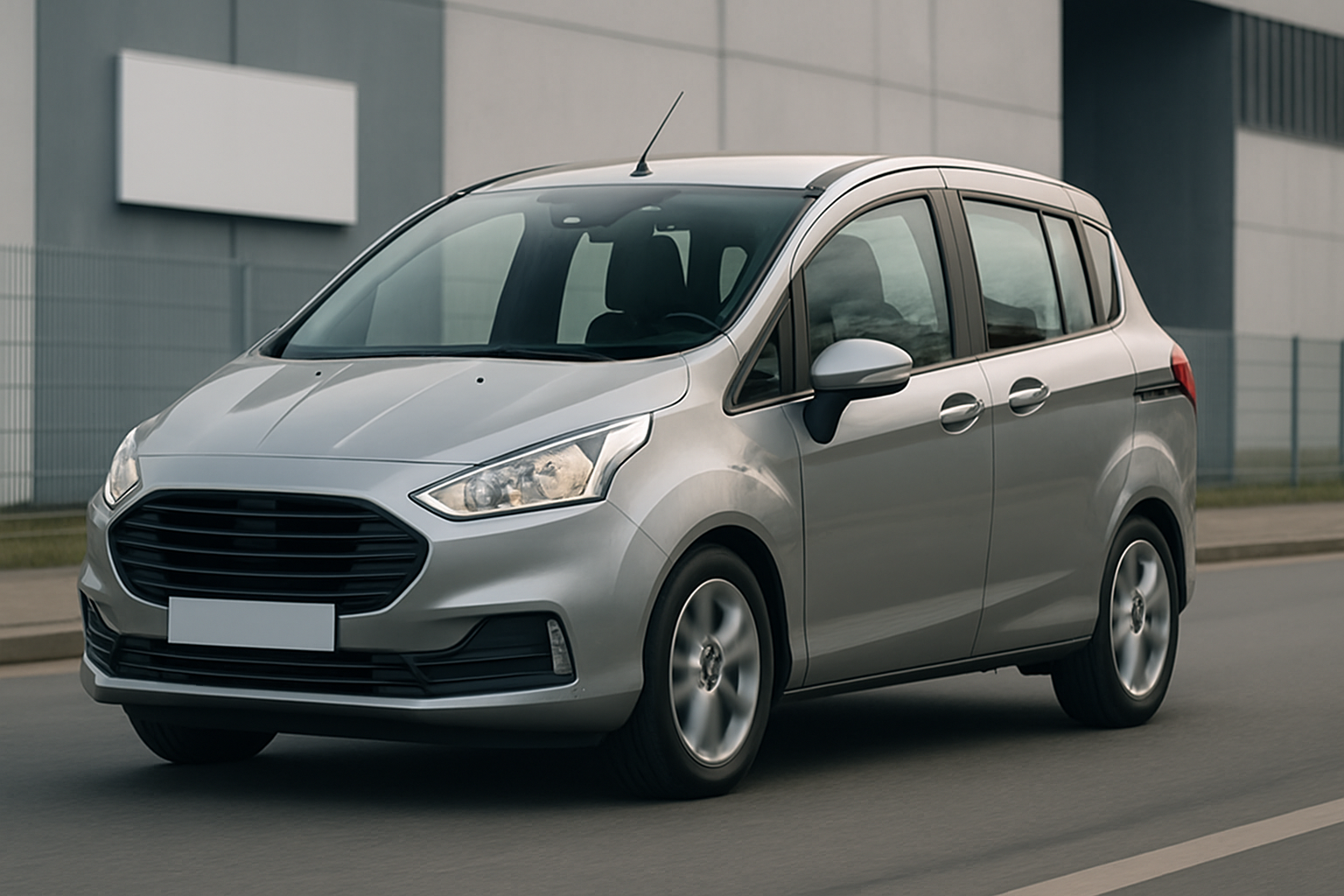 A silver compact car with a large black grille and sleek headlights drives past a modern industrial building in daylight