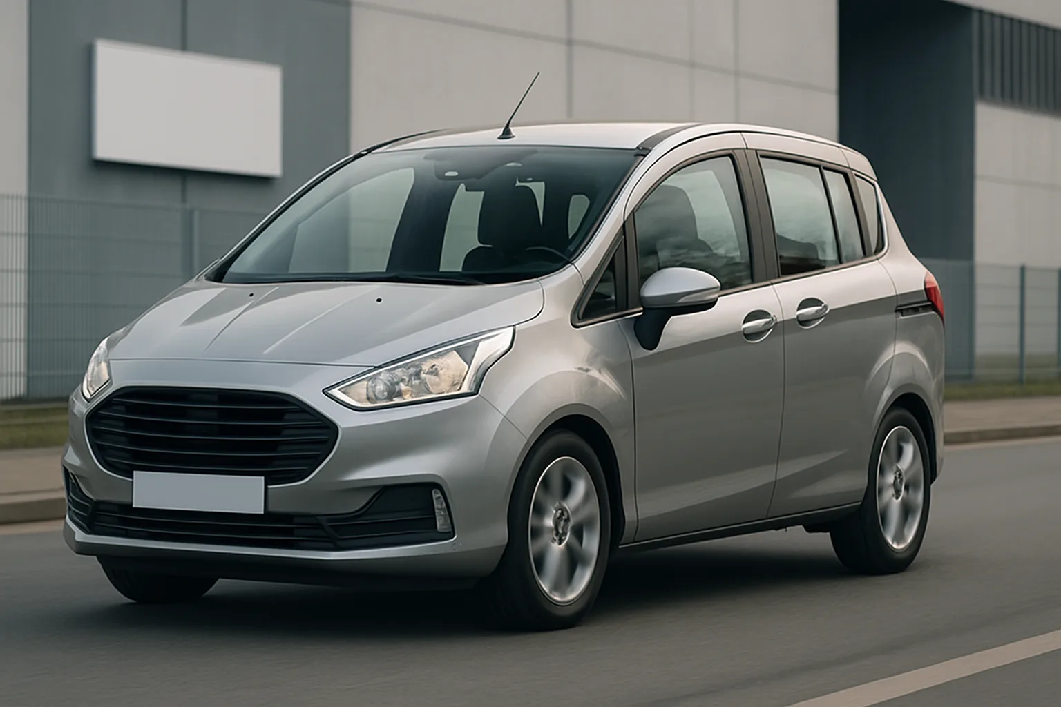 A silver compact car with a large black grille and sleek headlights drives past a modern industrial building in daylight