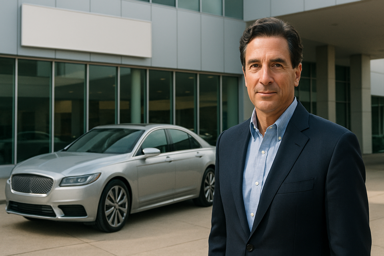 A man in a dark suit stands outside a modern glass building beside a silver sedan in soft daylight