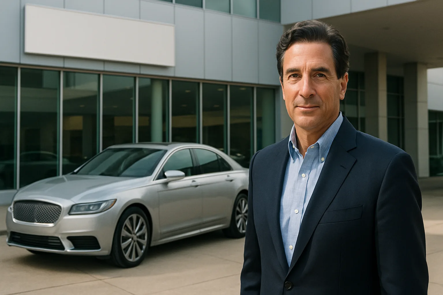 A man in a dark suit stands outside a modern glass building beside a silver sedan in soft daylight