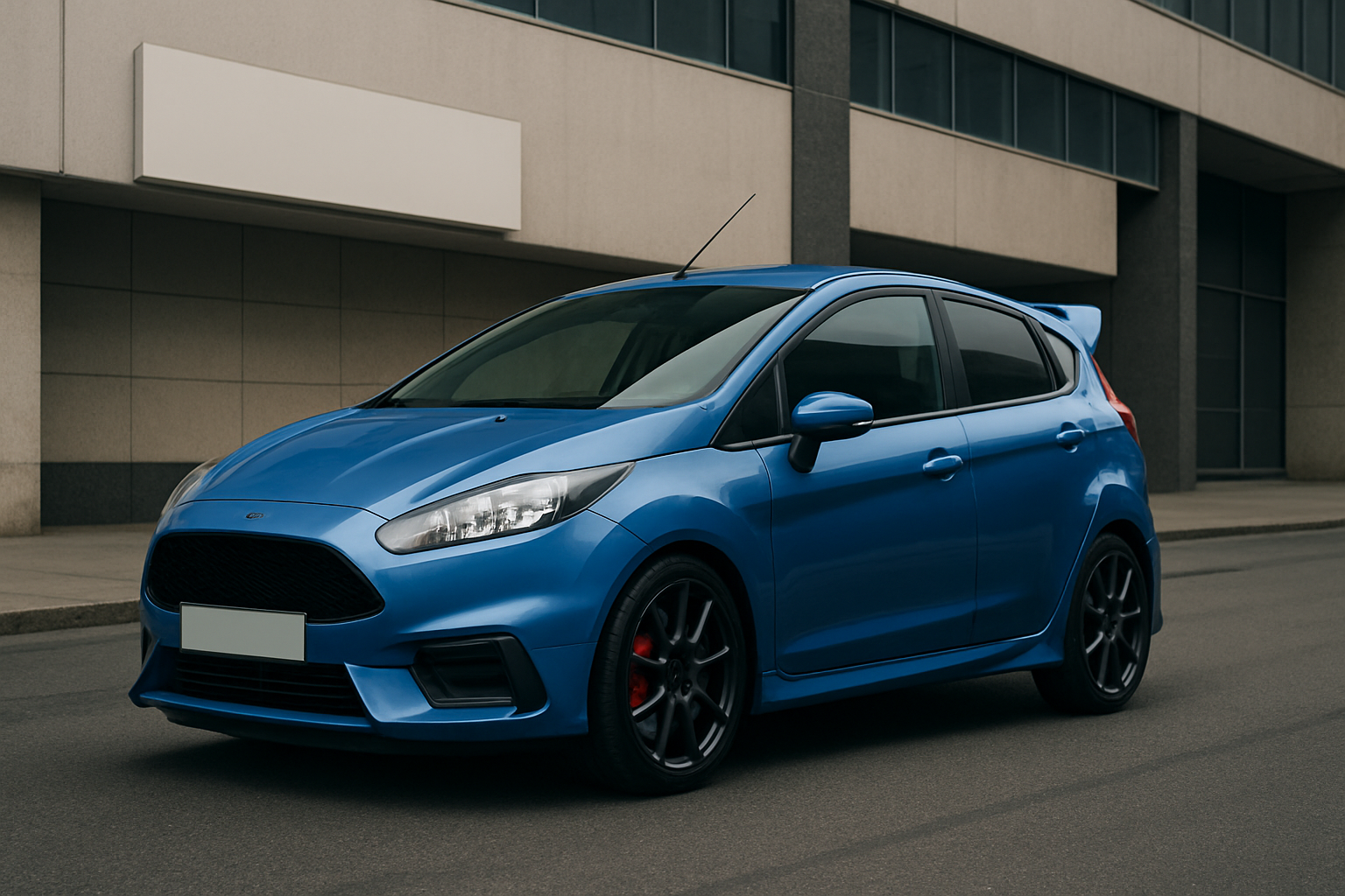 A vivid blue hatchback with black wheels and tinted windows parked on an empty street beside a modern building