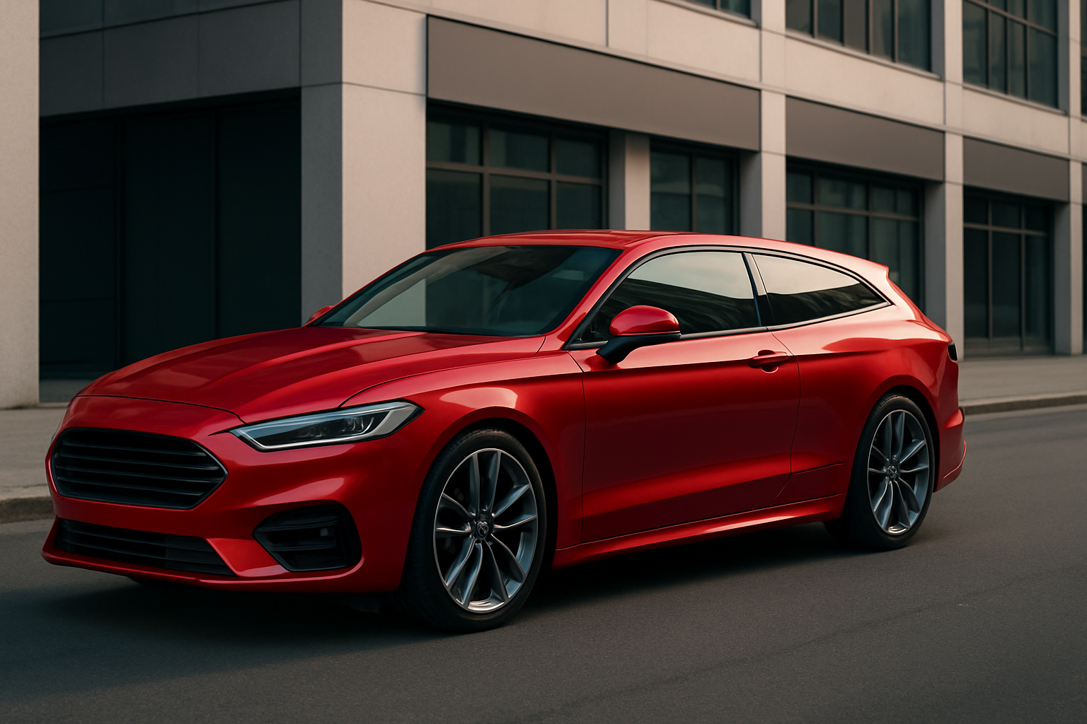 A sleek, bright red shooting brake car with large alloy wheels parked on a sunlit city street near modern buildings