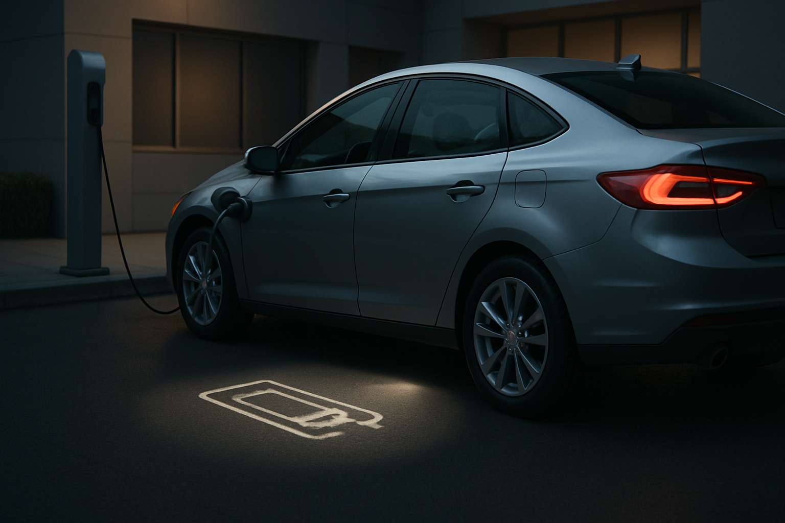 Silver electric car parked at night projects a glowing battery icon onto the ground near its front wheel
