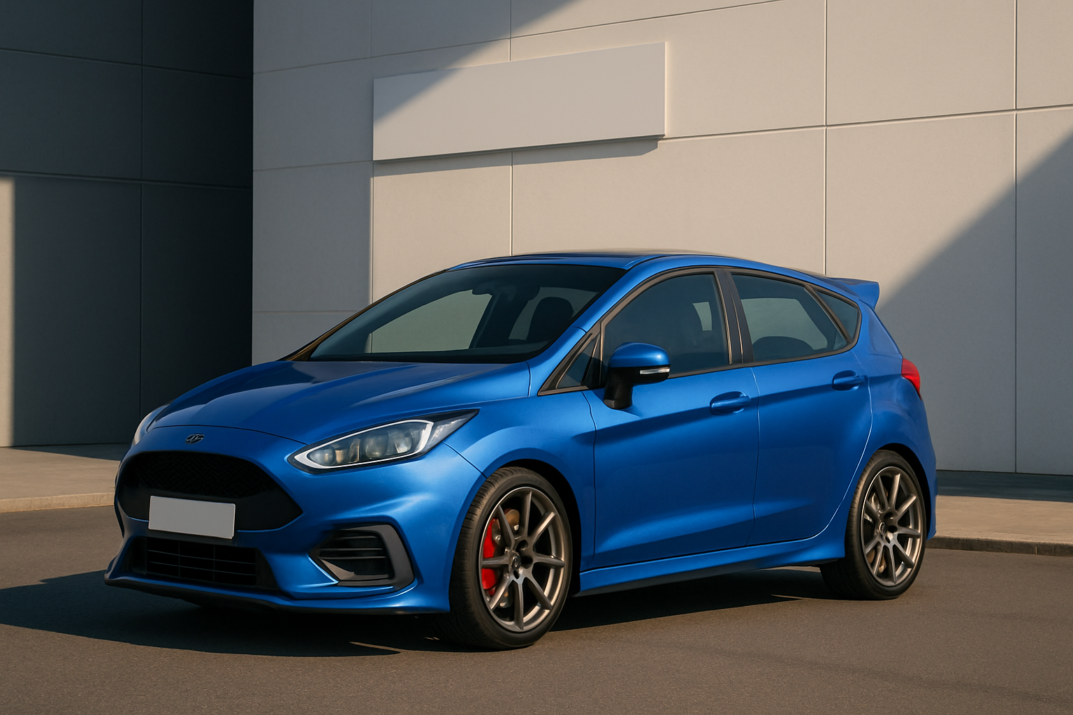 A metallic blue compact hatchback with sporty lines and red brake calipers parked beside a modern light grey building