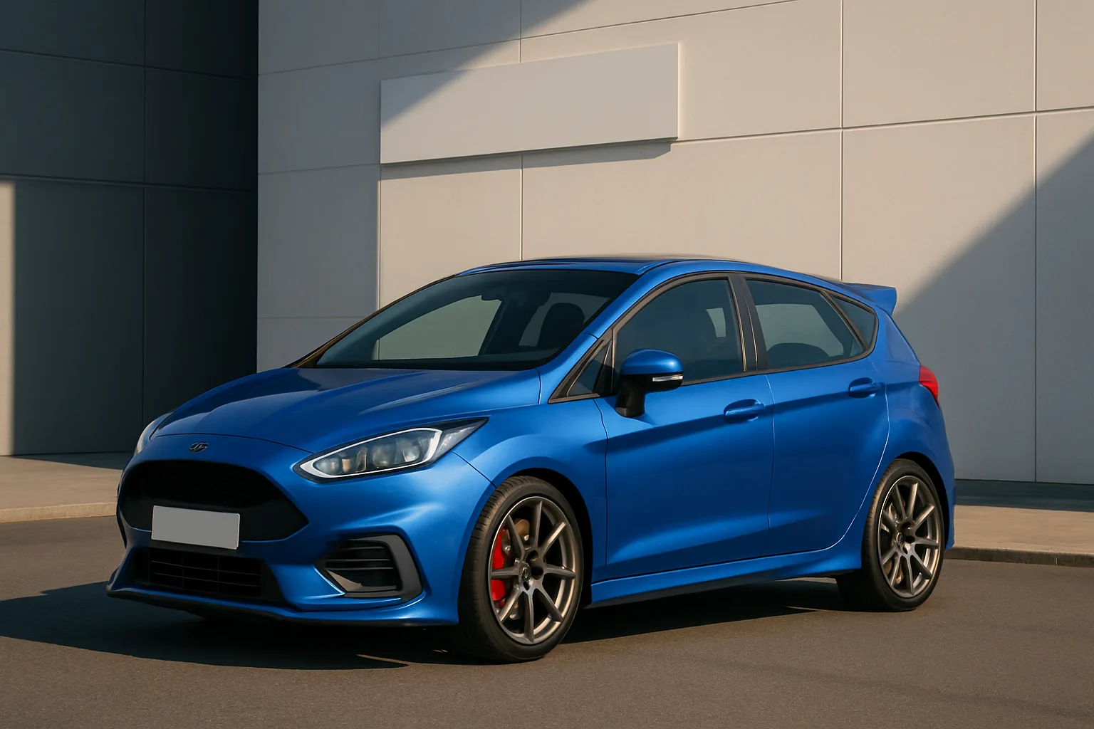 A metallic blue compact hatchback with sporty lines and red brake calipers parked beside a modern light grey building