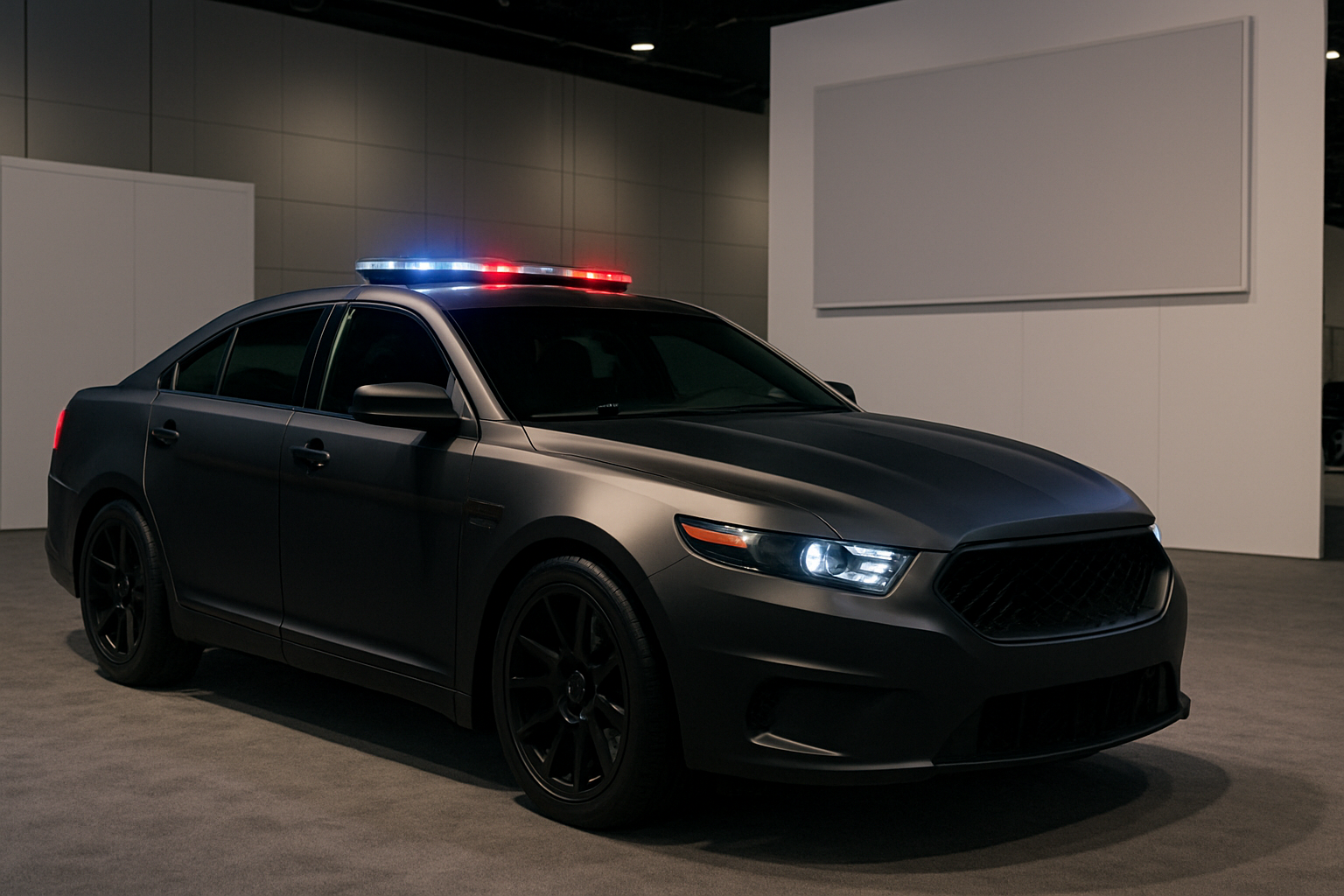 Matte black sedan with tinted windows and illuminated red and blue lightbar parked indoors under soft, diffused lighting