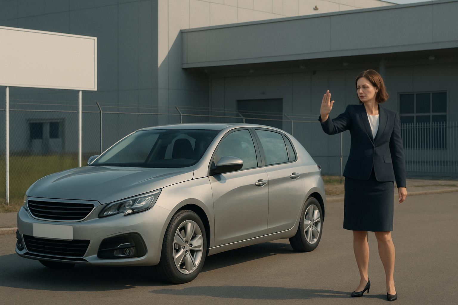 A woman in a dark suit raises her hand beside a silver car in front of a grey industrial building on a bright day
