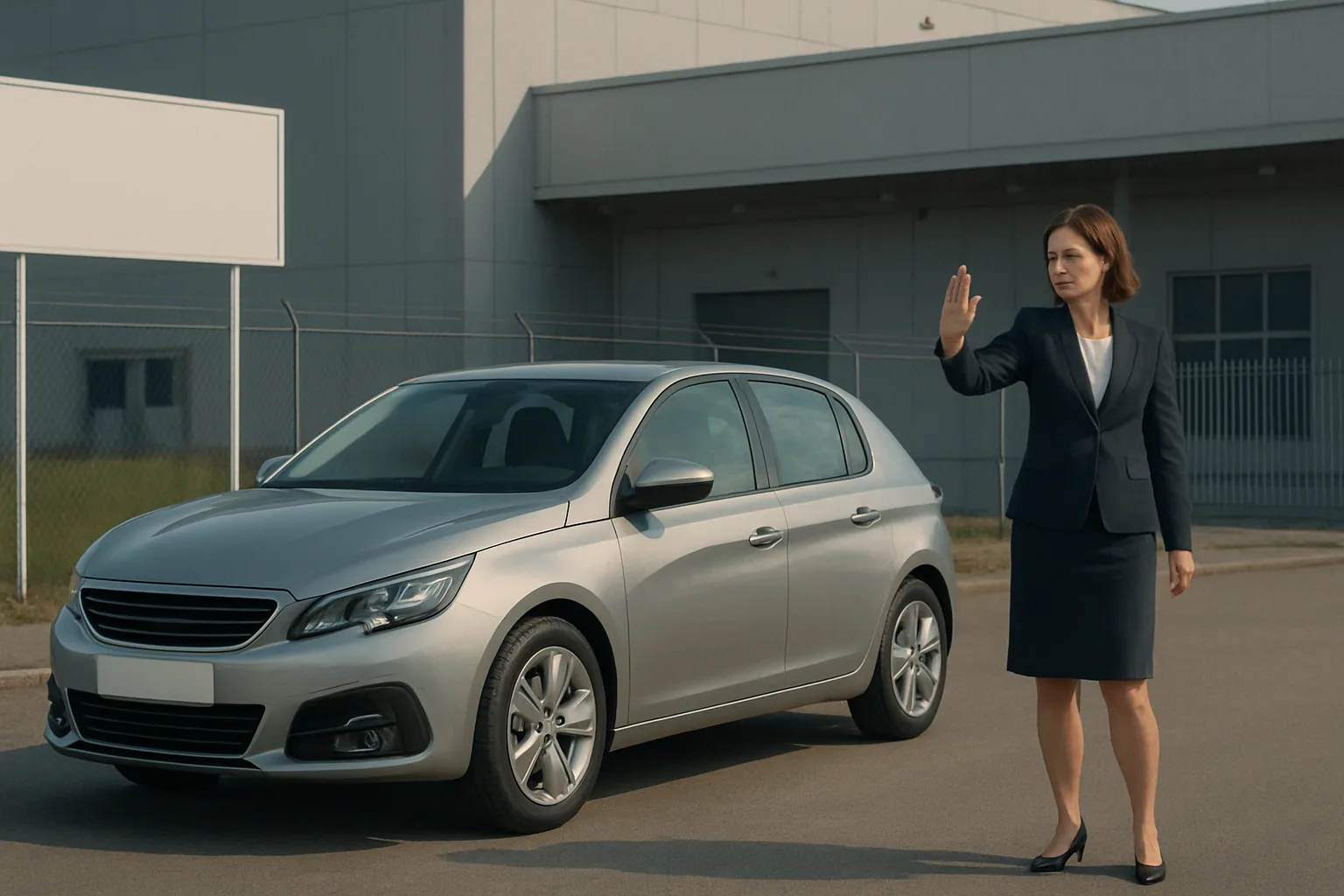 A woman in a dark suit raises her hand beside a silver car in front of a grey industrial building on a bright day
