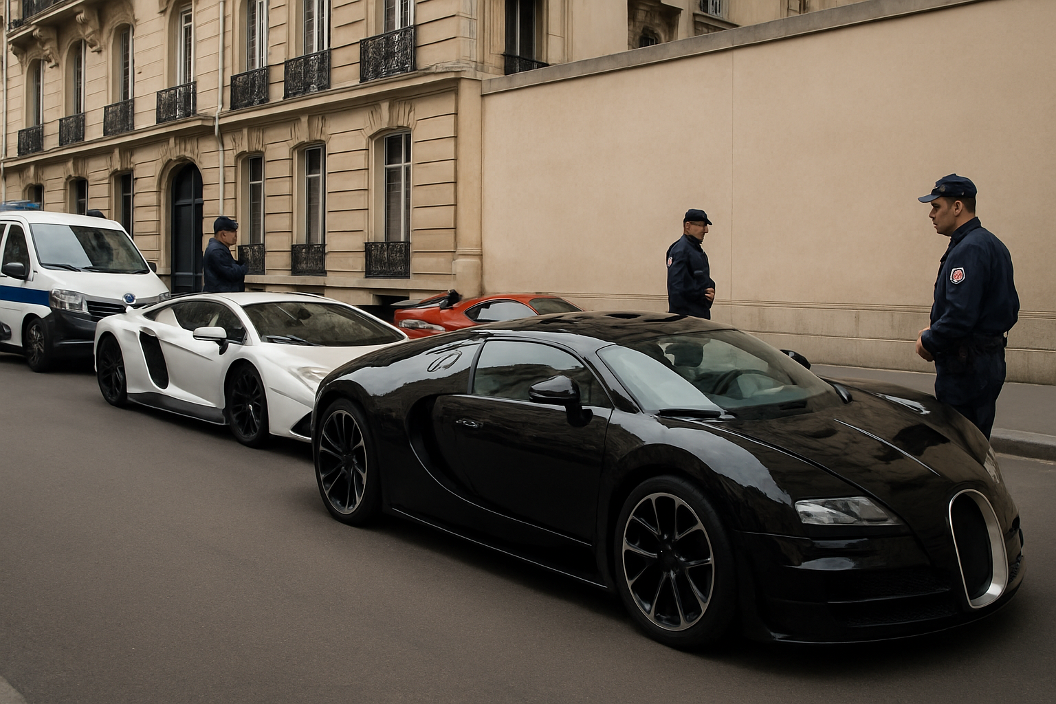 Three police officers stand beside sleek black and white supercars parked on a city street with tall, beige buildings