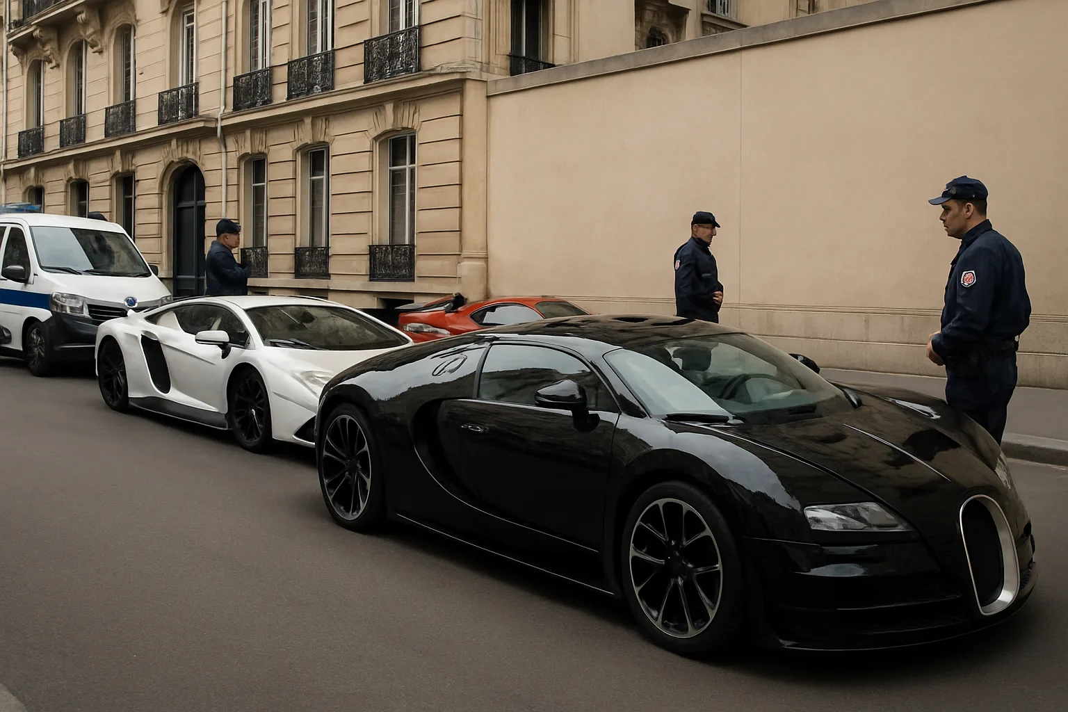 Three police officers stand beside sleek black and white supercars parked on a city street with tall, beige buildings