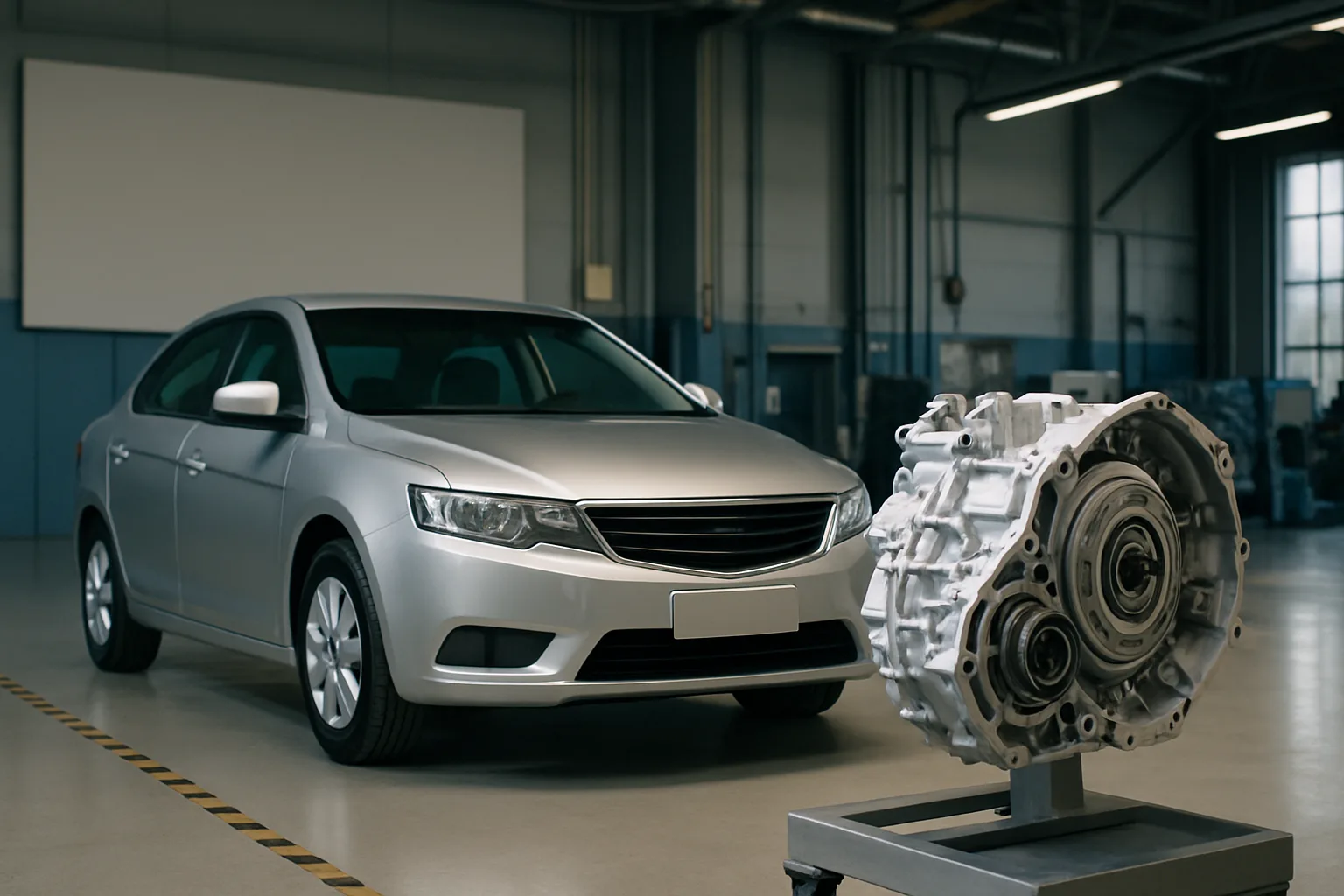 Large metallic gearbox on a wheeled stand in the foreground, silver-grey car and industrial workshop interior in soft light behind