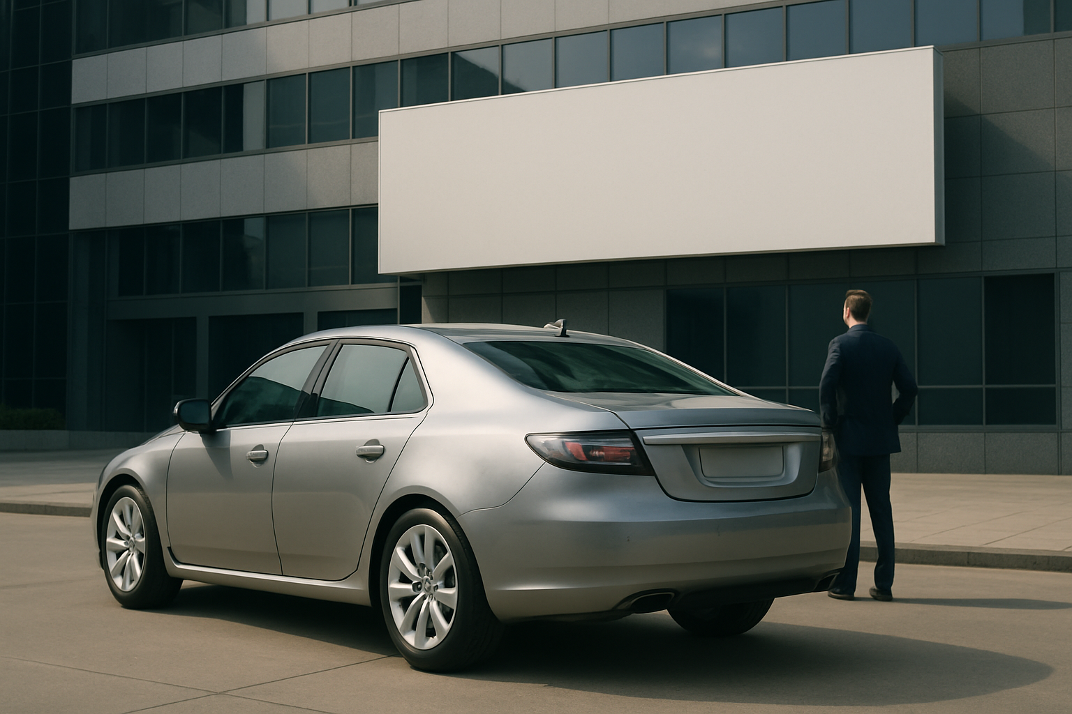 Silver sedan with blank license plate parked outside a modern office building as a man in a suit stands nearby under soft daylight