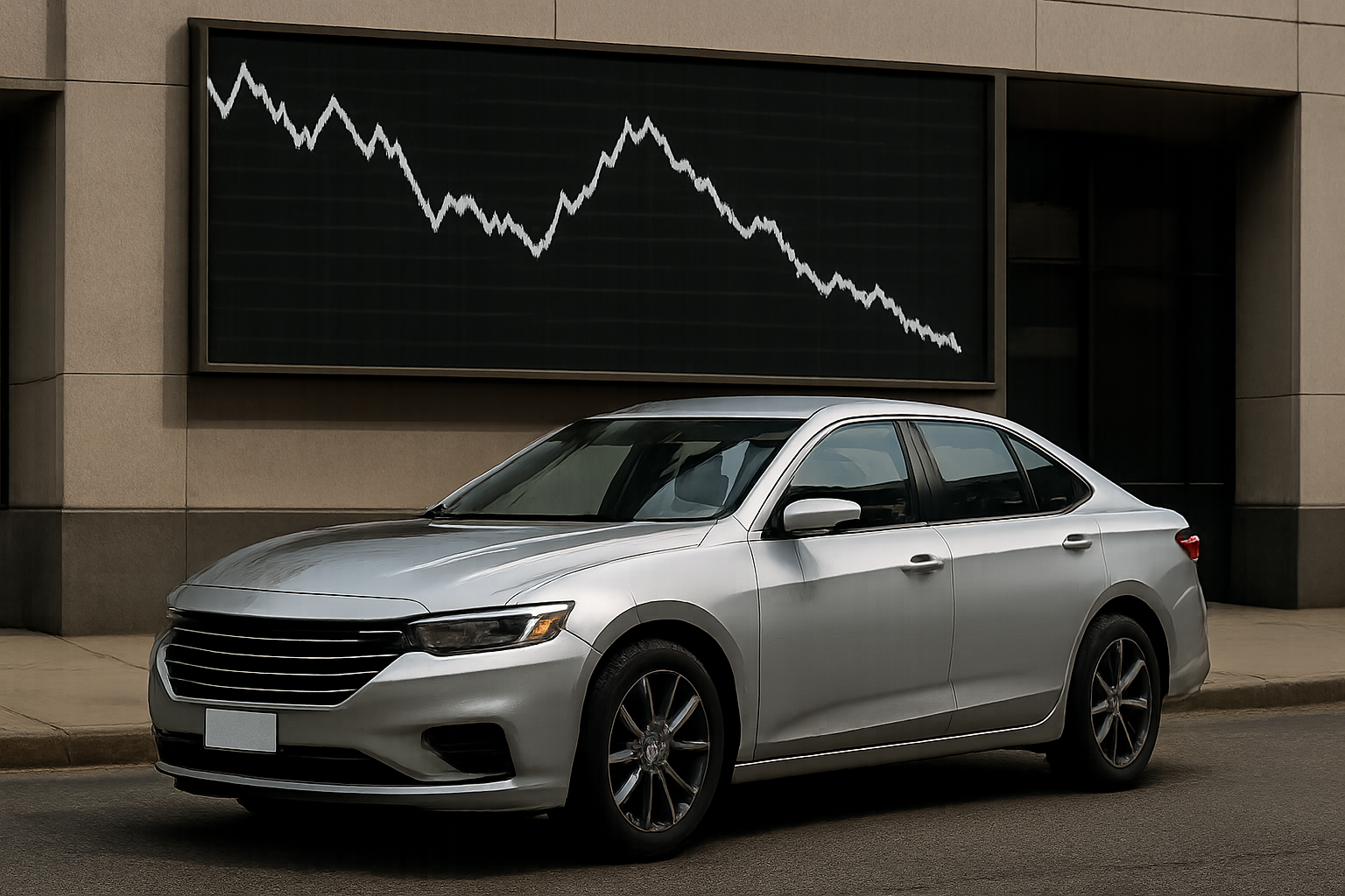 A silver sedan parked in front of a dark building, with a large downward-trending line graph displayed behind it