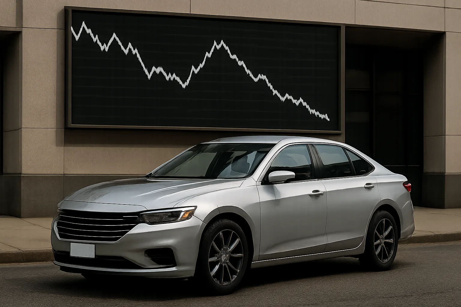 A silver sedan parked in front of a dark building, with a large downward-trending line graph displayed behind it
