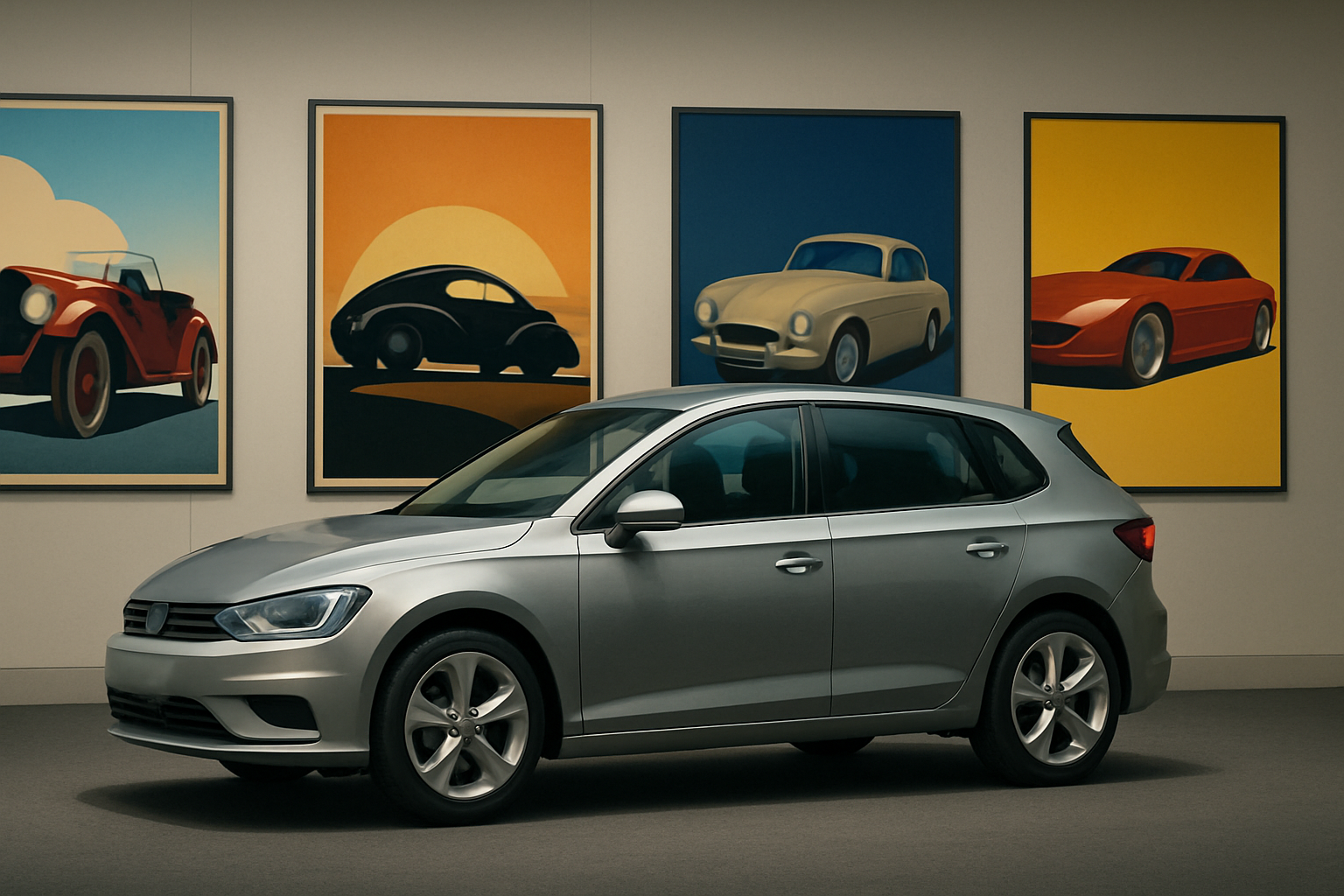 A silver hatchback parked indoors before three colorful posters featuring stylized vintage car silhouettes in bold hues