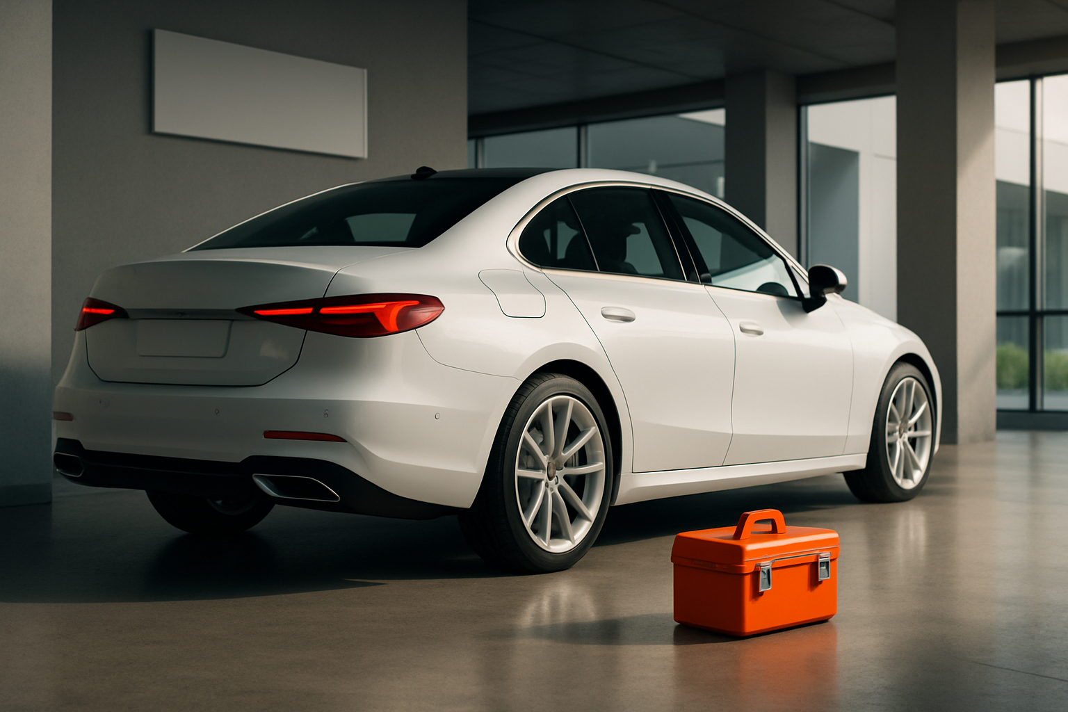 A sleek white sedan parked indoors near a bright orange box resting on the smooth concrete floor